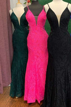 Trumpet Hot Pink V-Neck Lace Backless Sleeveless Long Prom Dresses