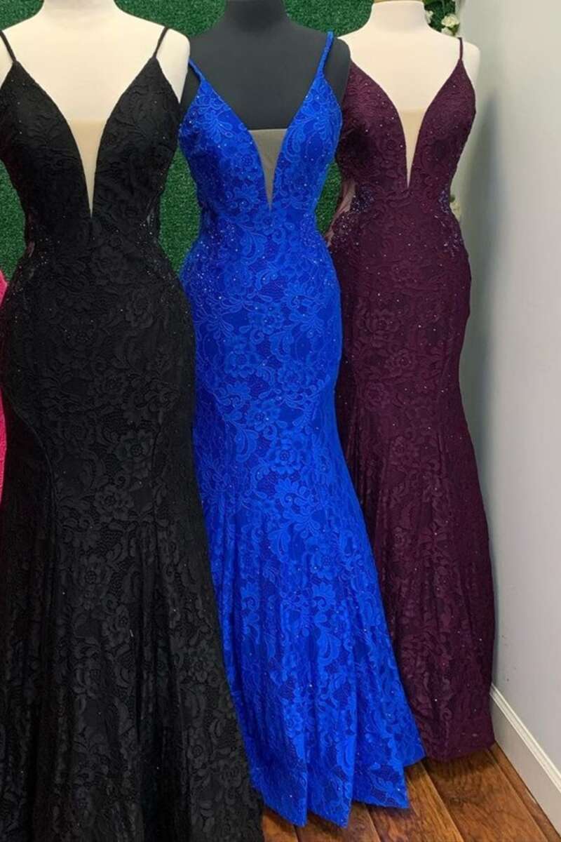 Trumpet Hot Pink V-Neck Lace Backless Sleeveless Long Prom Dresses