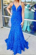Trumpet Hot Pink V-Neck Lace Backless Sleeveless Long Prom Dresses