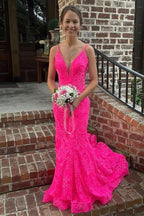 Trumpet Hot Pink V-Neck Lace Backless Sleeveless Long Prom Dresses