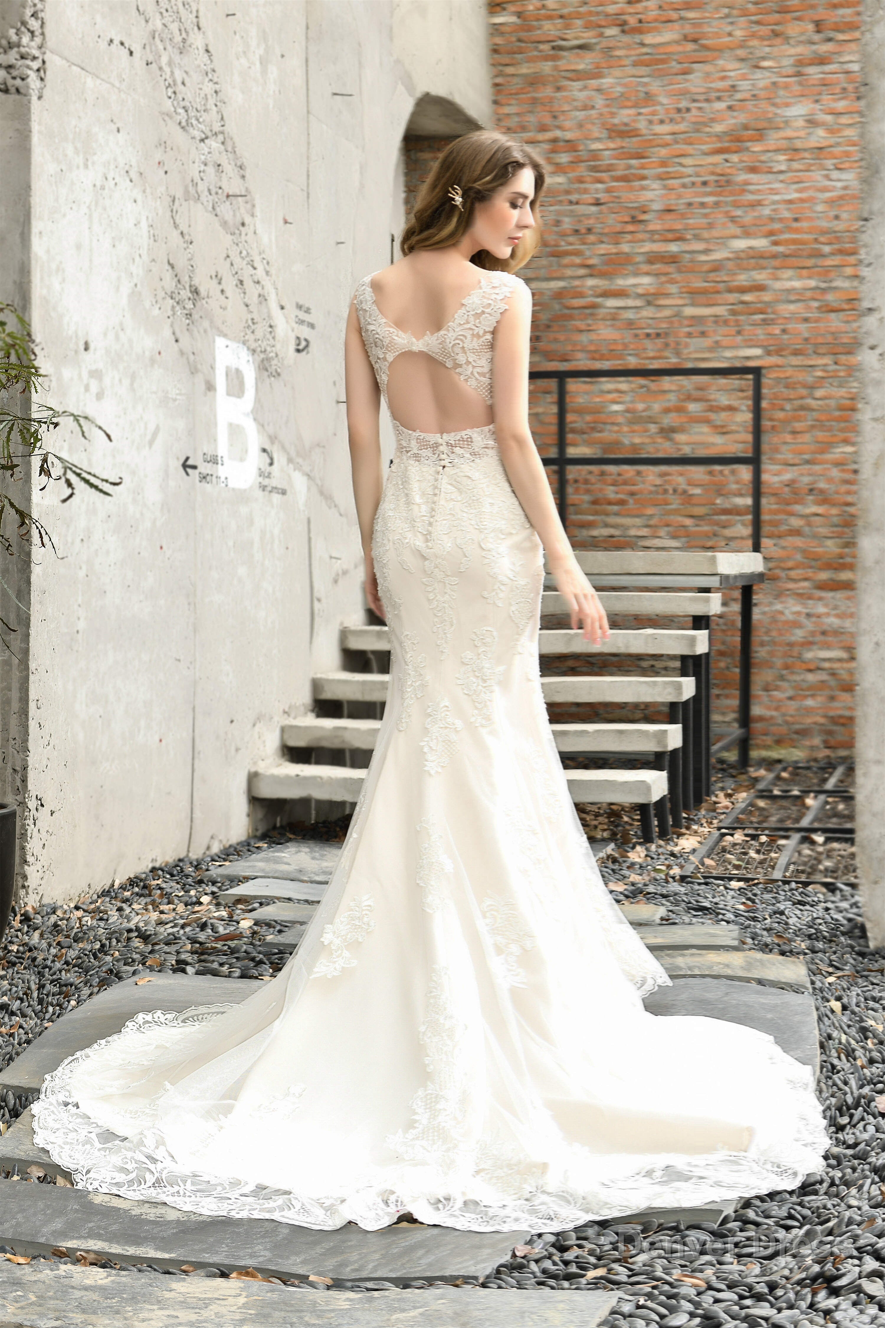 Mermaid Ivory V neck Lace Wedding Dresses with Ruffless Train