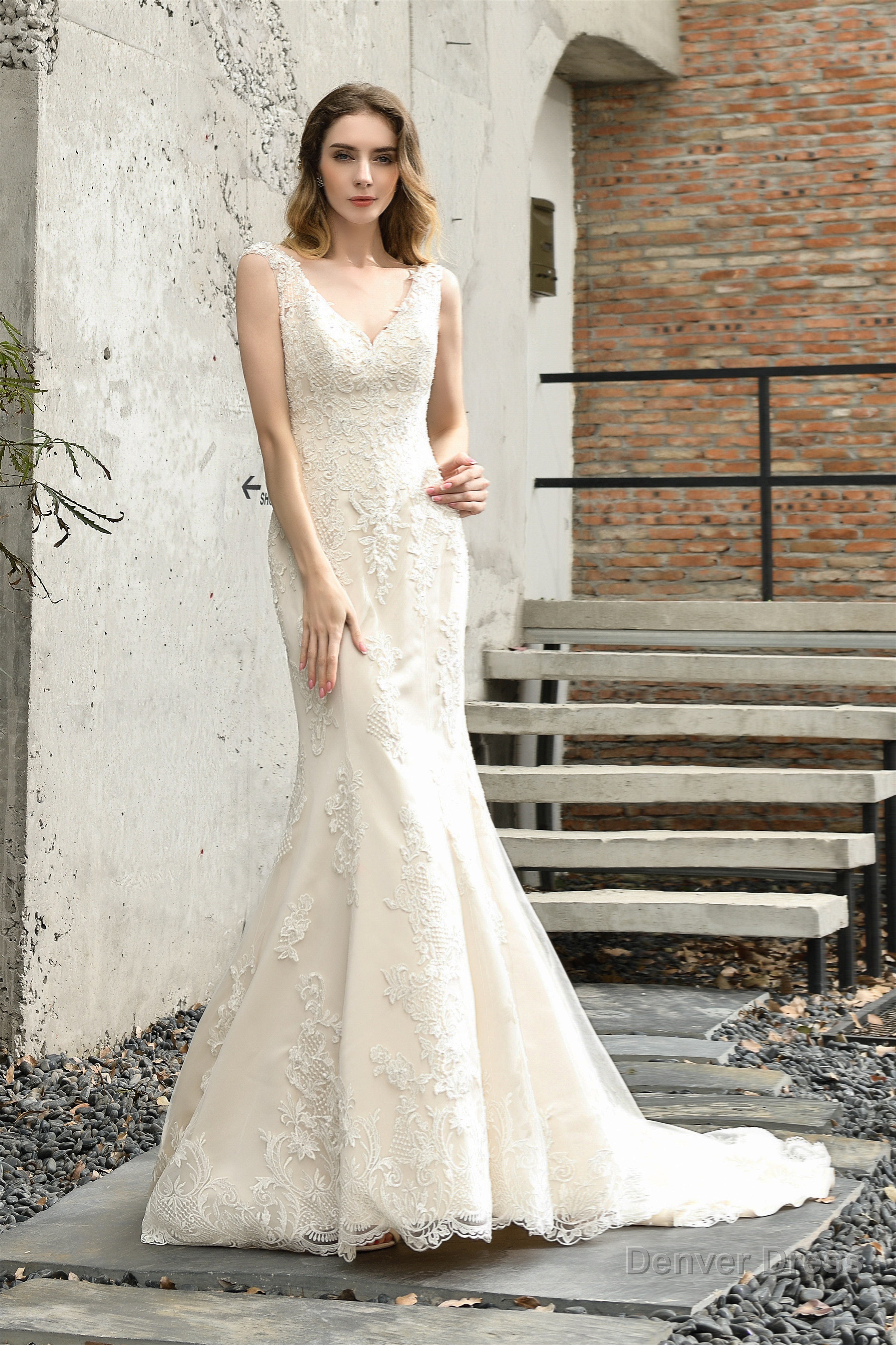 Mermaid Ivory V neck Lace Wedding Dresses with Ruffless Train Main image