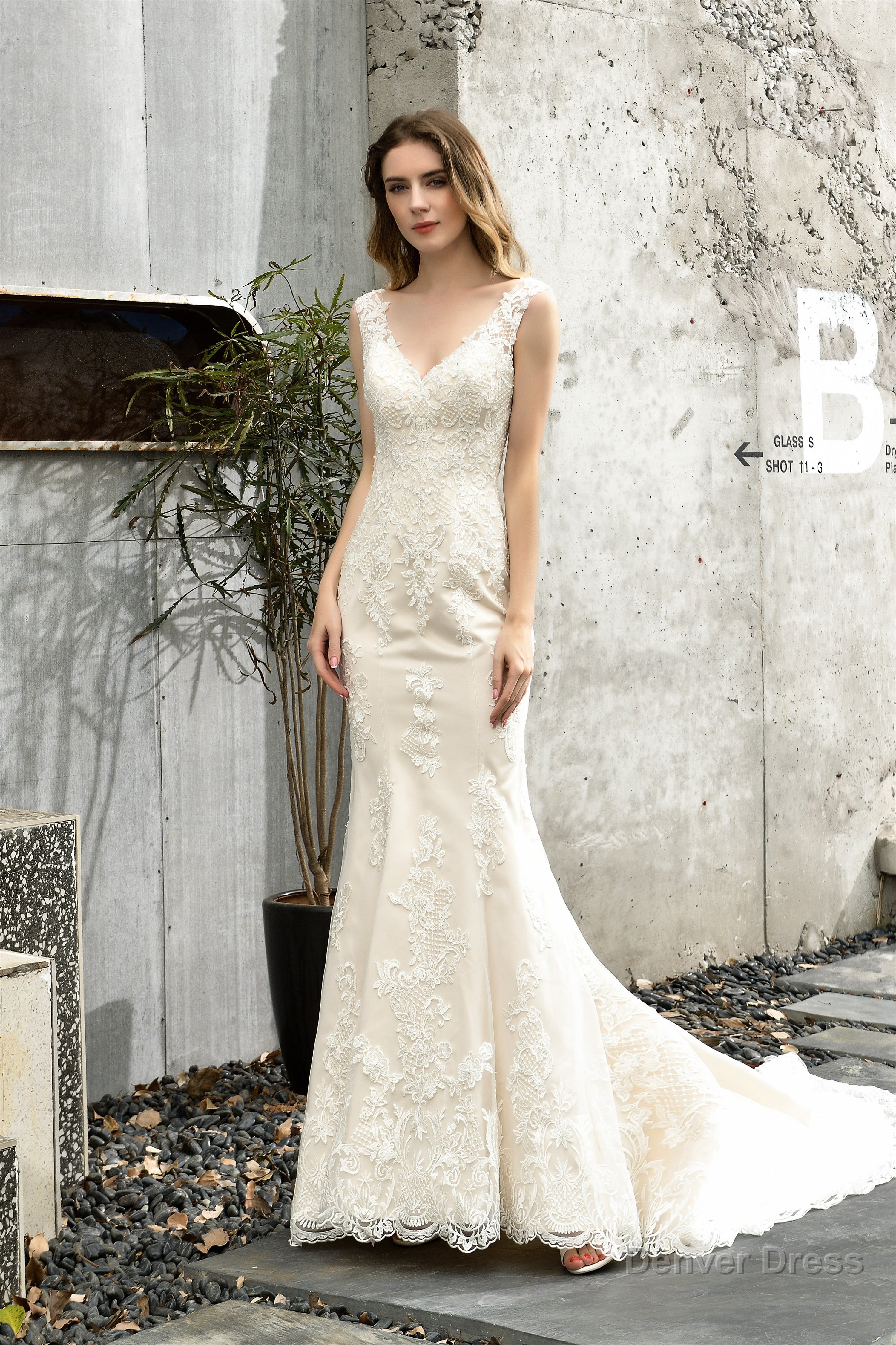 Mermaid Ivory V neck Lace Wedding Dresses with Ruffless Train