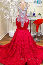 Mermaid Jewel Lace Sequined Applique Sleeveless Floor-length Prom Dresses