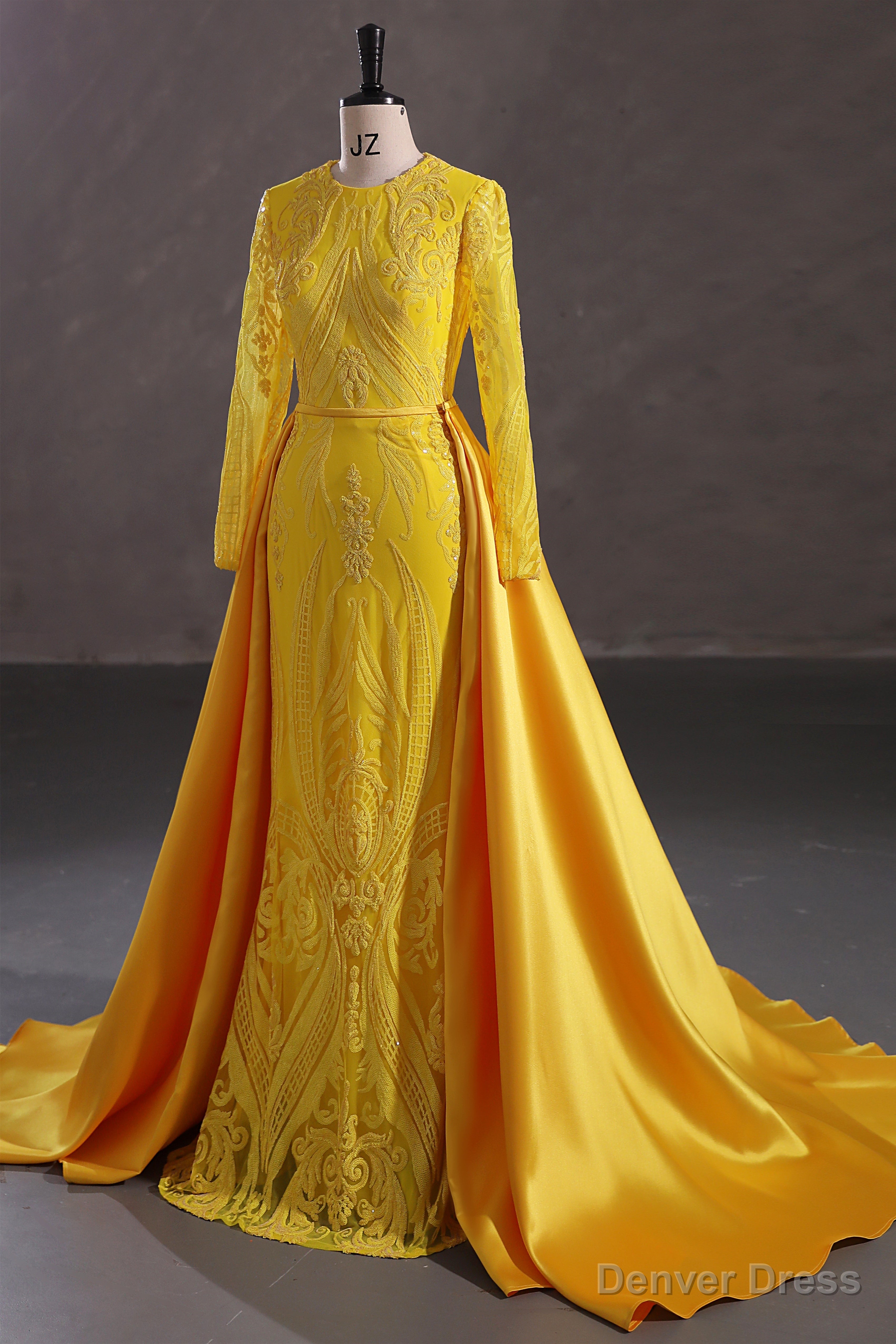 Mermaid Jewel Lace Sequined Floor-length Long Sleeve Detachable Train Elegant Prom Dress