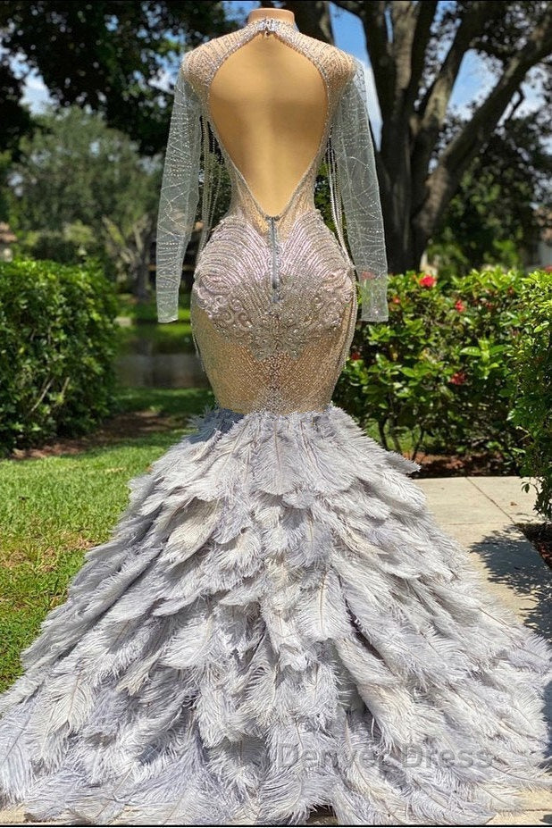 Mermaid Jewel Lace Sequined Open Back Floor Length Long Sleeve Lace Beading Prom Dresses With Feather