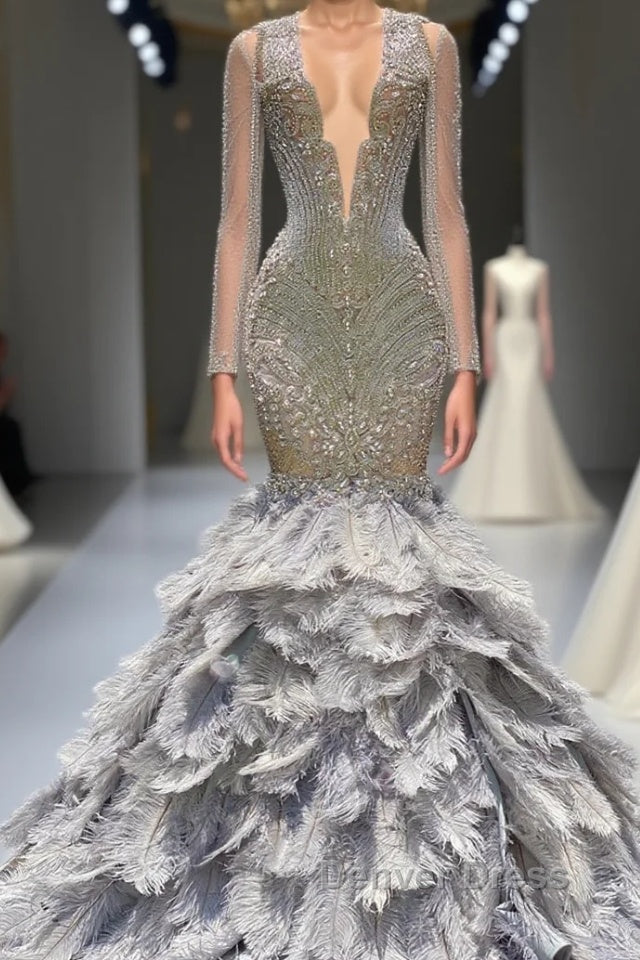 Mermaid Jewel Lace Sequined Open Back Floor-length Long Sleeve Lace Beading Prom Dresses With Feather Main image