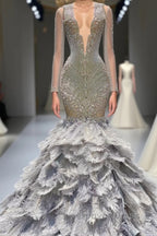 Mermaid Jewel Lace Sequined Open Back Floor-length Long Sleeve Lace Beading Prom Dresses With Feather