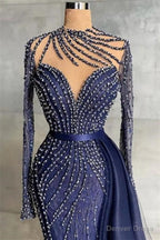 Mermaid Jewel With Side Train Floor Length Long Sleeve Beading Sequined Lace With Side Train Prom Dresses