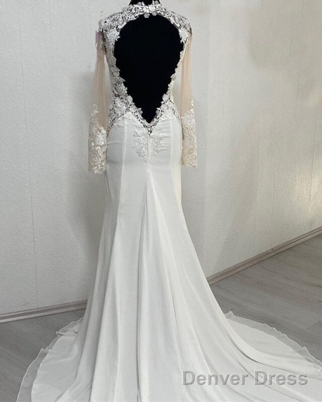 Mermaid Lace Embroidery Sheer Sleeve Open Back Wedding Dress