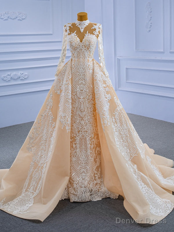 Mermaid Lace High Neck Long Sleeve Wedding Dress With Detachable Train Main image