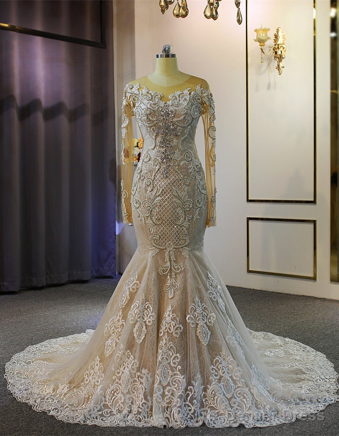 Mermaid Lace Long Sleeve Beading Wedding Dress Main image