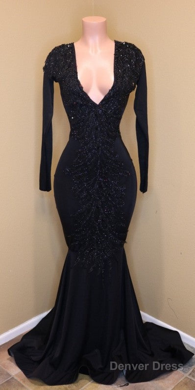 Mermaid Lace Sequins V Neck Long Sleeveless Black Prom Dresses Secondary image