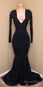 Mermaid Lace Sequins V Neck Long Sleeveless Black Prom Dresses