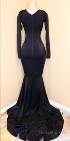 Mermaid Lace Sequins V Neck Long Sleeveless Black Prom Dresses
