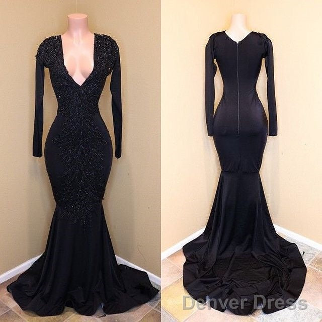 Mermaid Lace Sequins V Neck Long Sleeveless Black Prom Dresses Main image