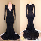 Mermaid Lace Sequins V Neck Long Sleeveless Black Prom Dresses