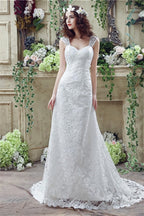 Mermaid Lace Sleeveless V Neck Chapel Train Wedding Gown