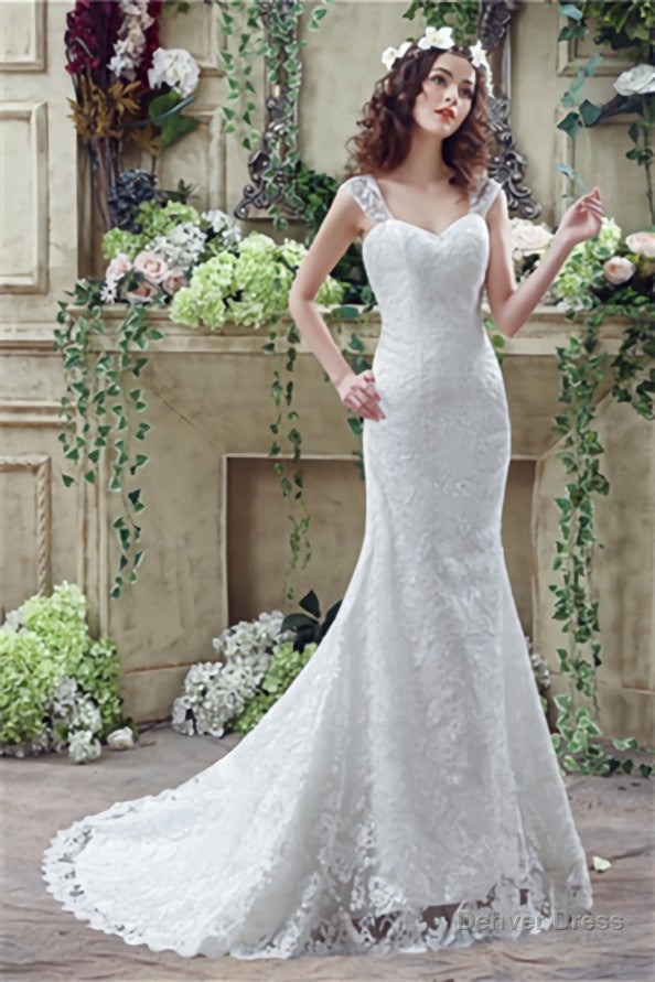 Mermaid Lace Sleeveless V Neck Chapel Train Wedding Gown