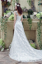 Mermaid Lace Sleeveless V Neck Chapel Train Wedding Gown