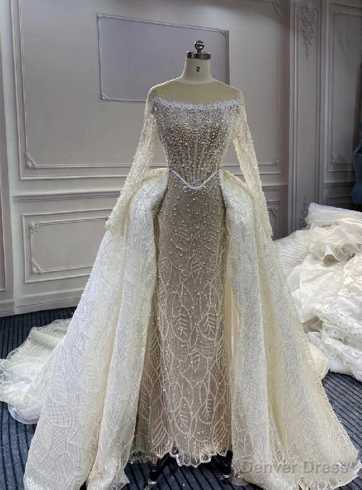 Mermaid Lace Tulle Long Sleeve Beading Wedding Dress Detachable Train Main image