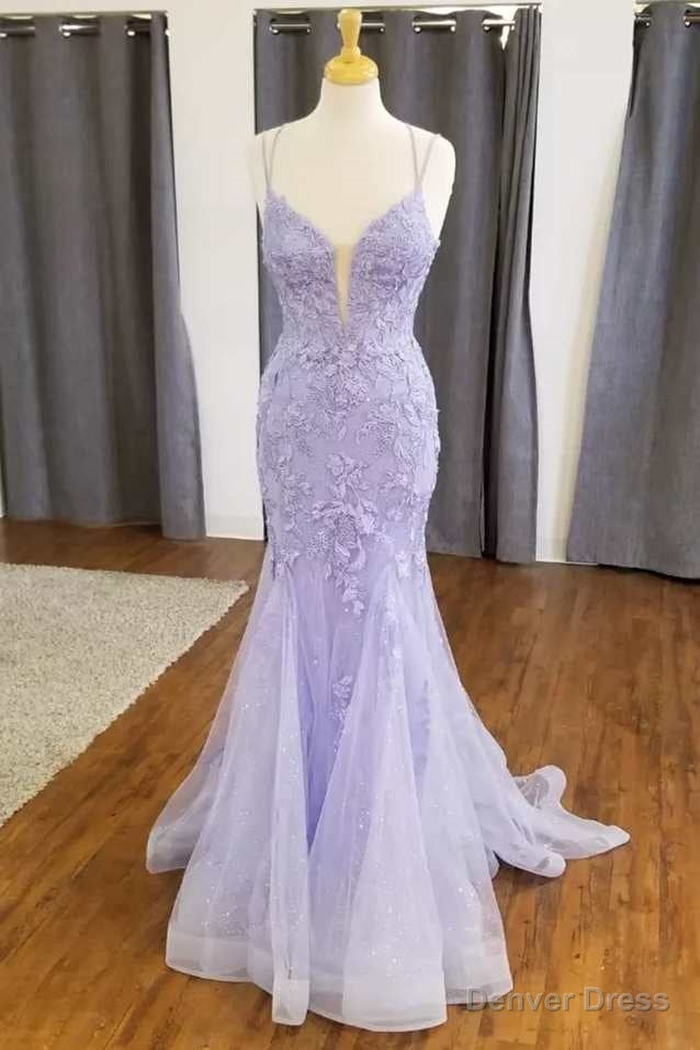 Mermaid Lavender Floral Lace Straps Long Prom Dresses Outfits Main image
