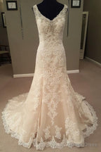 Mermaid Long Champagne Bridal Dresses with Lace,Dream Wedding Gowns