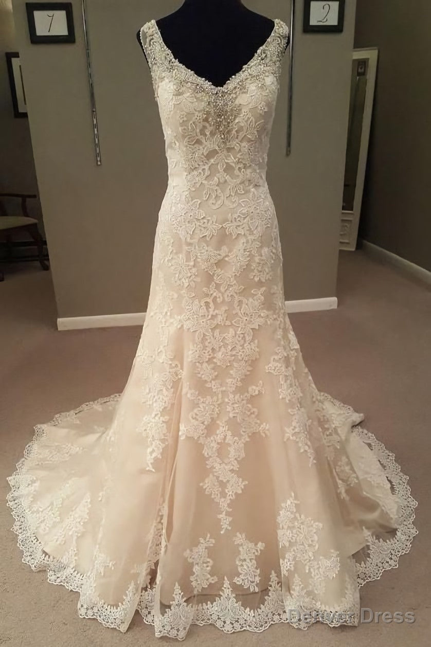 Mermaid Long Champagne Bridal Dresses with Lace,Dream Wedding Gowns