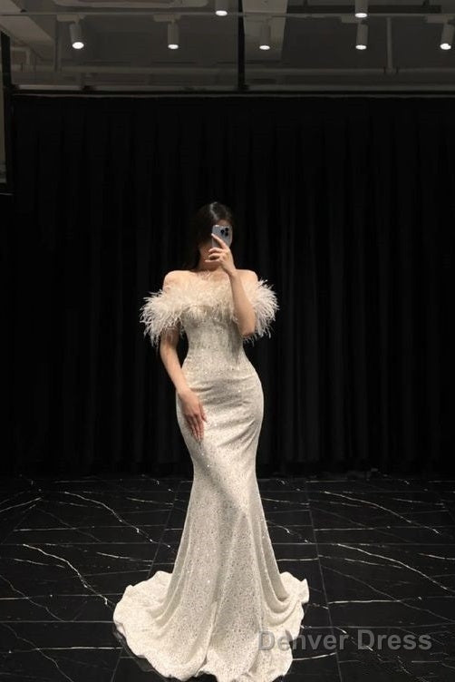 Mermaid Long Champagne Prom Dress Sequin Off The Shoulder Evening Dress With Feather Main image