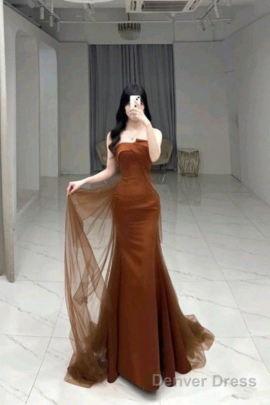 Mermaid Long Prom Dress Strapless Brown Satin Evening Dress Main image