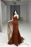 Mermaid Long Prom Dress Strapless Brown Satin Evening Dress