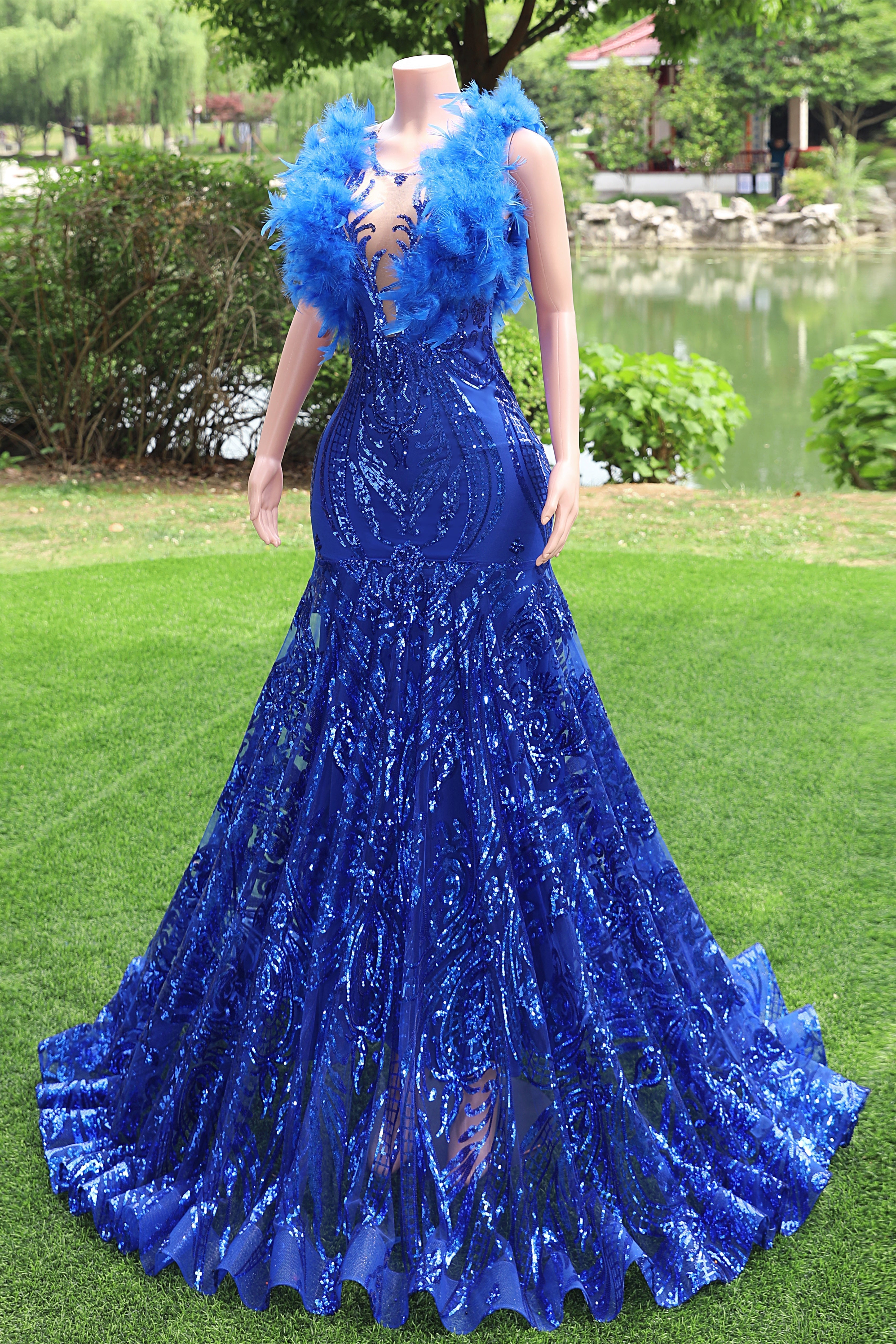 Mermaid Long Prom Dresses Sequin Royal Blue Evening Dresses Feather Sleeveless Main image