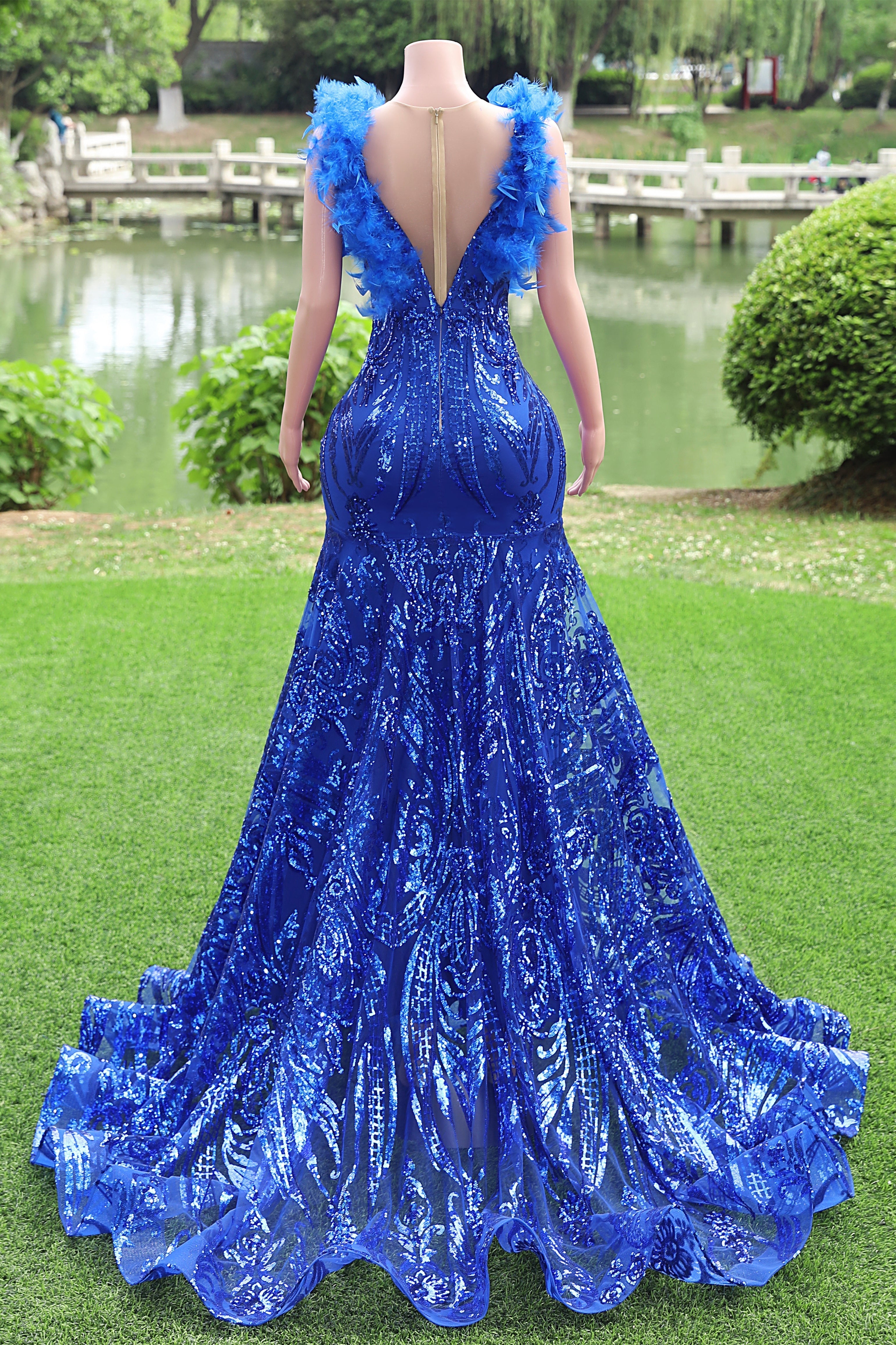 Mermaid Long Prom Dresses Sequin Royal Blue Evening Dresses Feather Sleeveless Secondary image