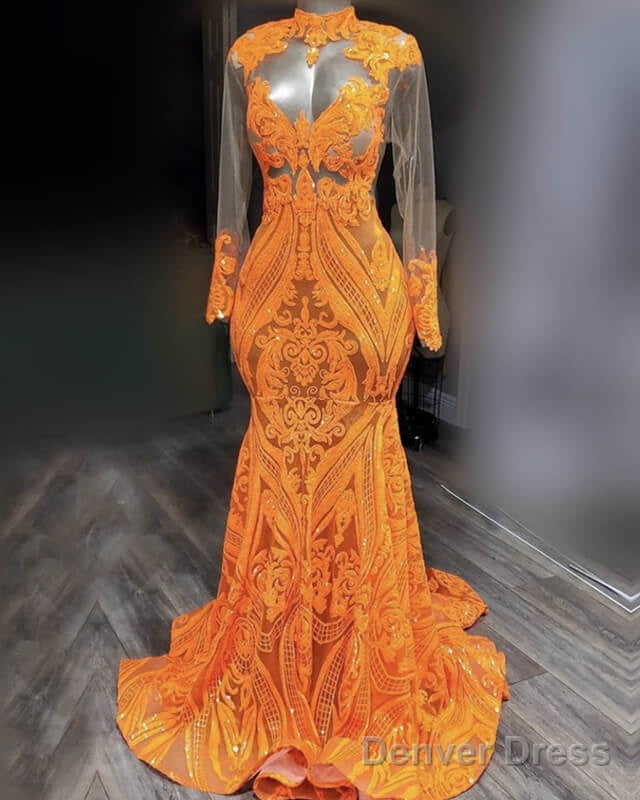 Mermaid Long Sleeve Orange Sequin Prom Dresses Main image