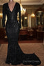 Mermaid Long-Sleeves Black Sequined Prom Dresses