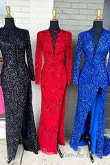 Mermaid Long Sleeves Sequins Green Prom Evening Dresses Lace-Up Neck With Slit