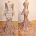 Mermaid Long Sleevess V-Neck Sequined Sweep Train Prom Dresses