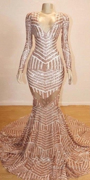 Mermaid Long Sleevess V-Neck Sequined Sweep Train Prom Dresses