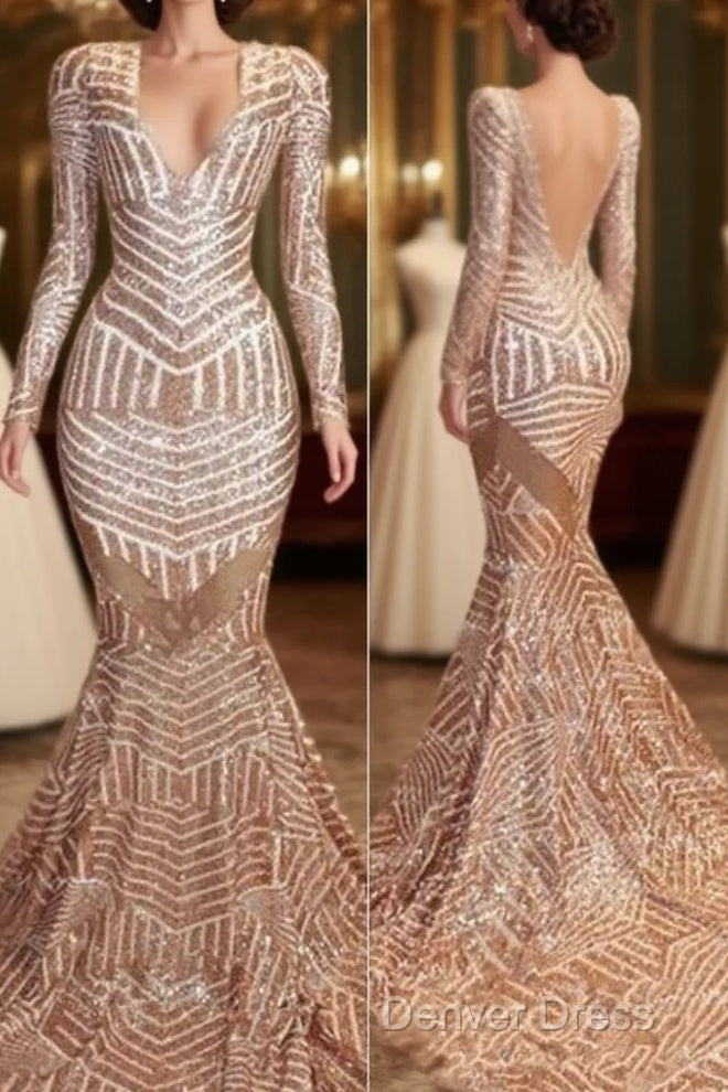Mermaid Long Sleevess V-Neck Sequined Sweep Train Prom Dresses
