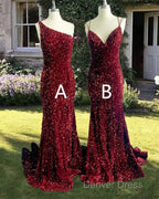 Mermaid Maroon Sequin Prom Dresses
