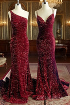 Mermaid Maroon Sequin Prom Dresses