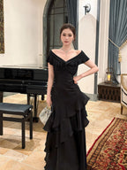 Mermaid Off Shoulder Floor Length Satin Black Prom Dresses