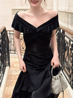 Mermaid Off Shoulder Floor Length Satin Black Prom Dresses