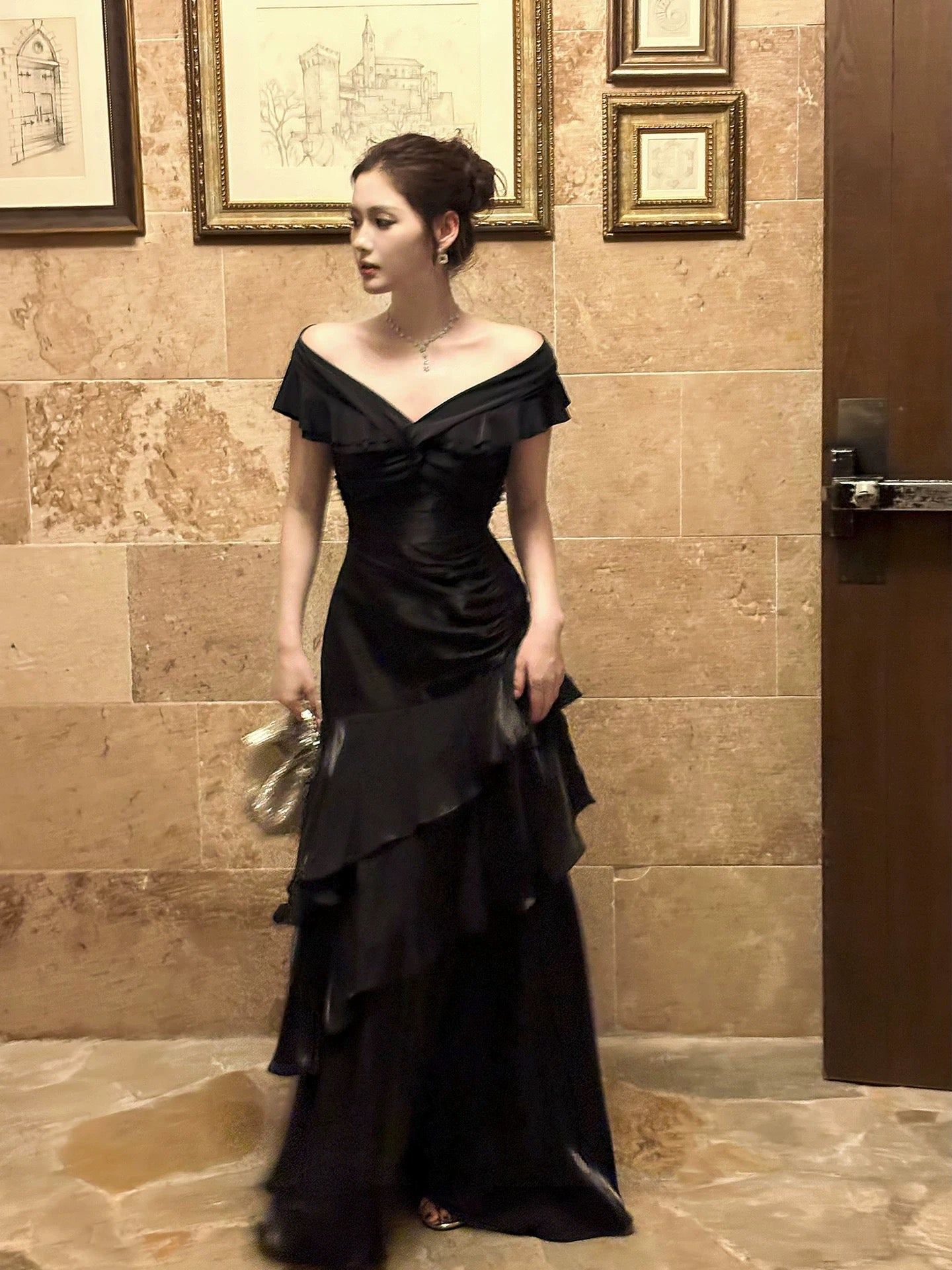 Mermaid Off Shoulder Floor Length Satin Black Prom Dresses Main image