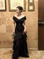 Mermaid Off Shoulder Floor Length Satin Black Prom Dresses