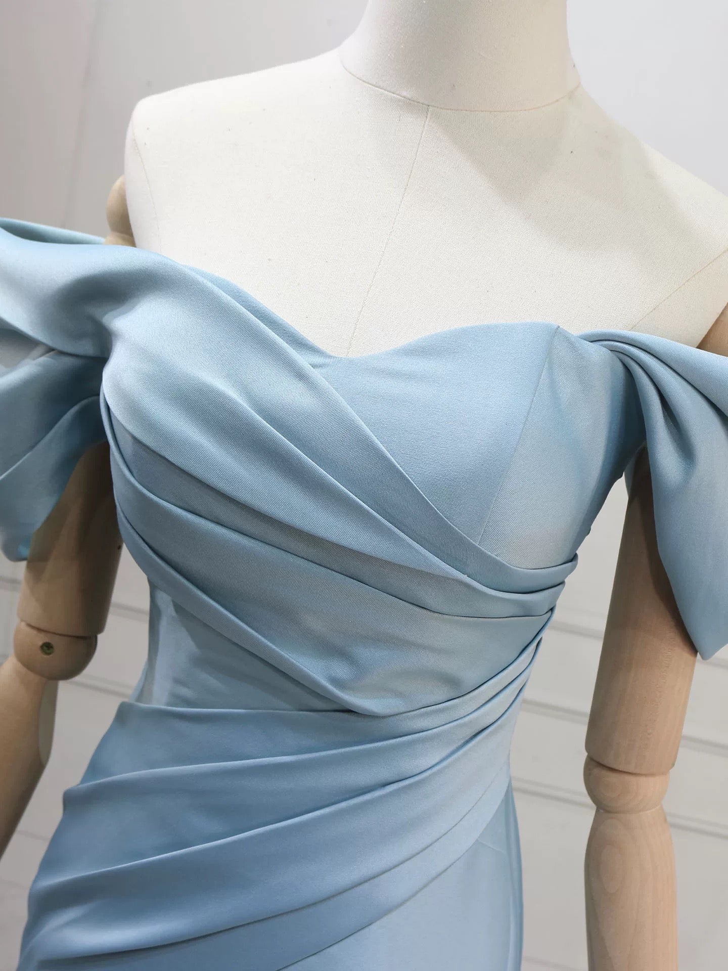Mermaid Off Shoulder Satin Blue Long Prom Dresses, Blue Long Evening Dresses