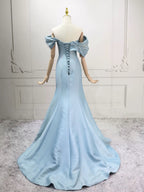Mermaid Off Shoulder Satin Blue Long Prom Dresses, Blue Long Evening Dresses