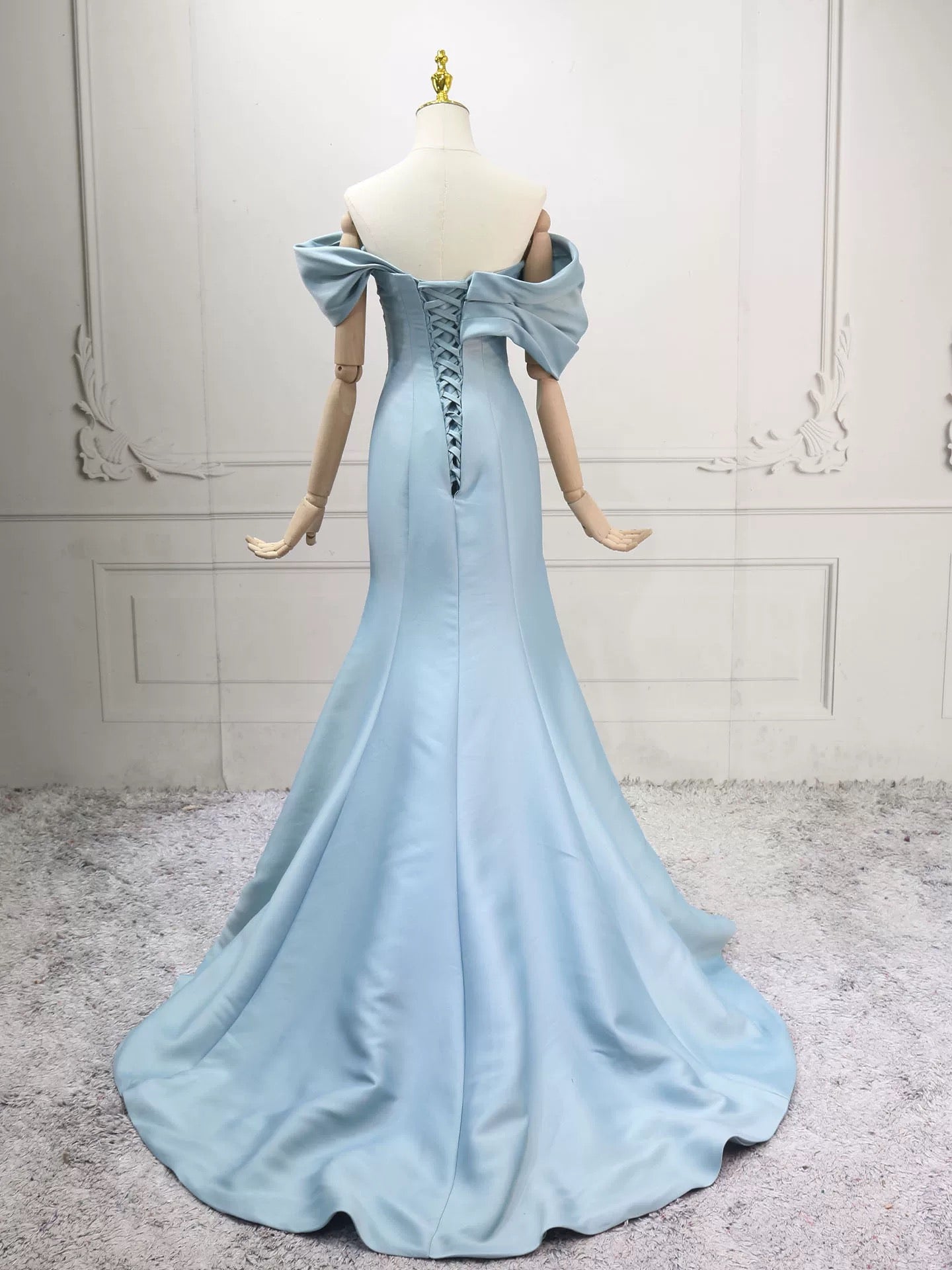 Mermaid Off Shoulder Satin Blue Long Prom Dresses, Blue Long Evening Dresses
