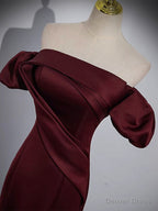 Mermaid off Shoulder Satin Burgundy Long Prom Dress, Burgundy Prom Dresses