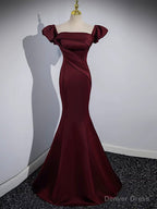Mermaid off Shoulder Satin Burgundy Long Prom Dress, Burgundy Prom Dresses